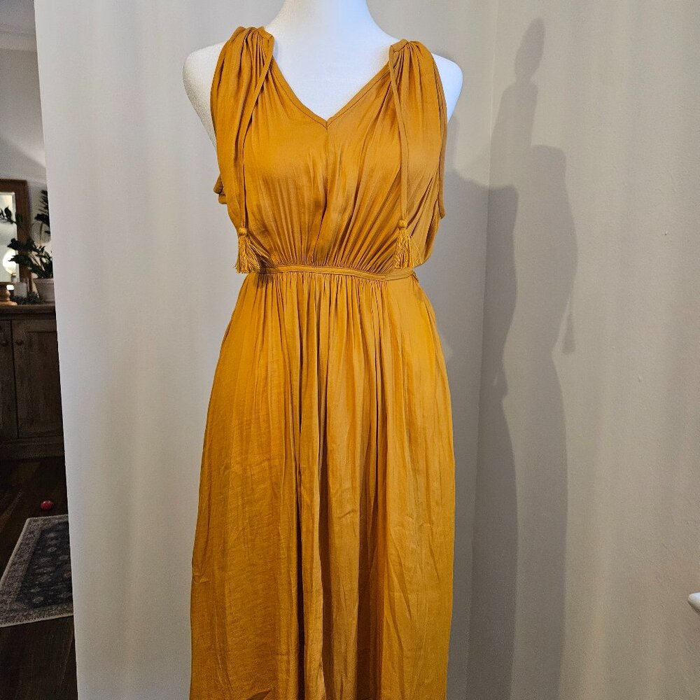 Ann Taylor LOFT Mustard Midi Dress with Tie Front, Size MP